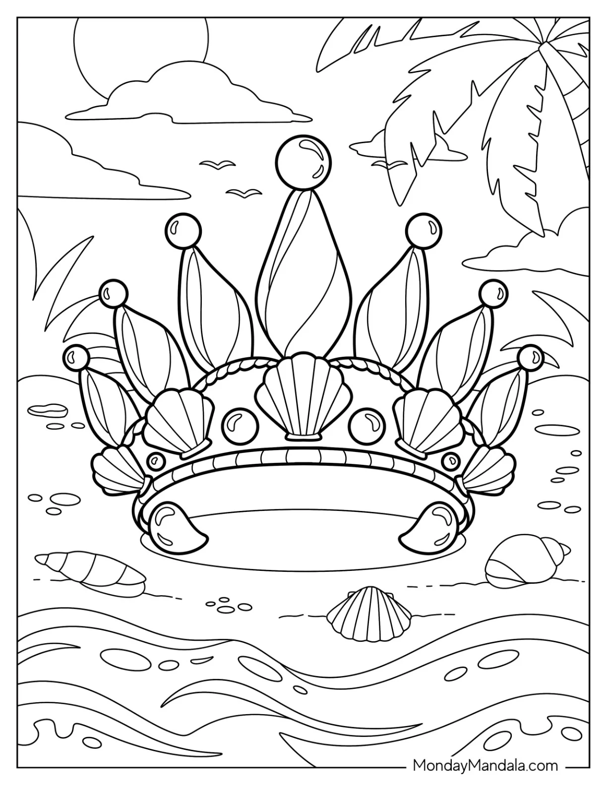 Seashell Crown Coloring Page on a Tropical Beach coloring page — printable line art