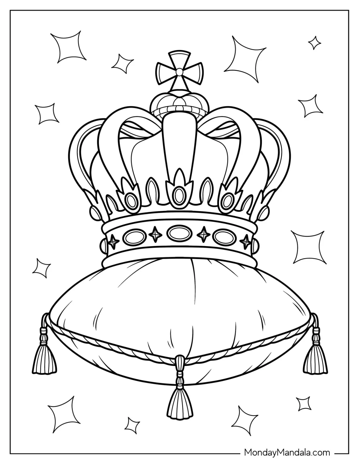 Sparkling Royal Crown Coloring Page on Velvet Pillow coloring page — printable line art
