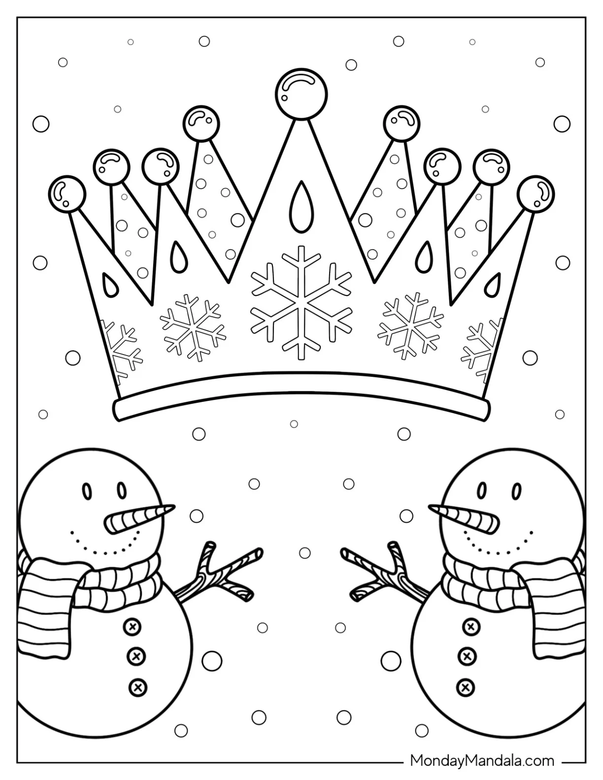 Winter Crown Coloring Page with Snowflakes and Snowmen coloring page — printable line art