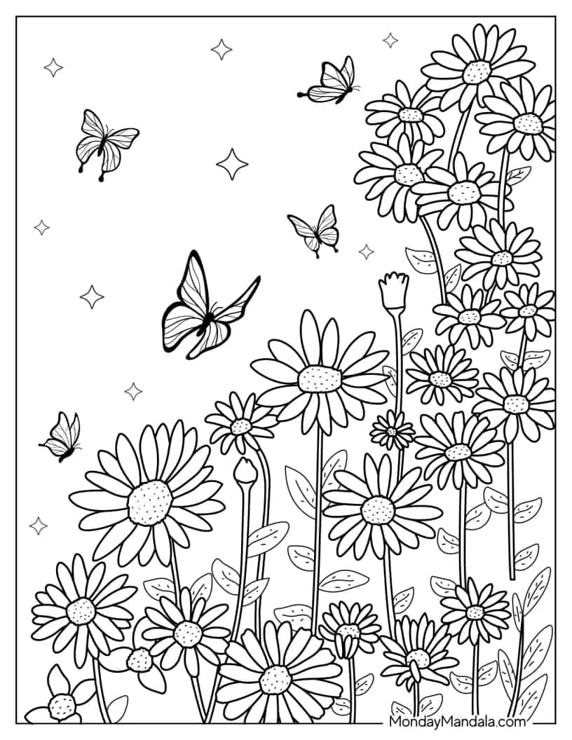 Abstract Butterflies With Daisy Flowers coloring page