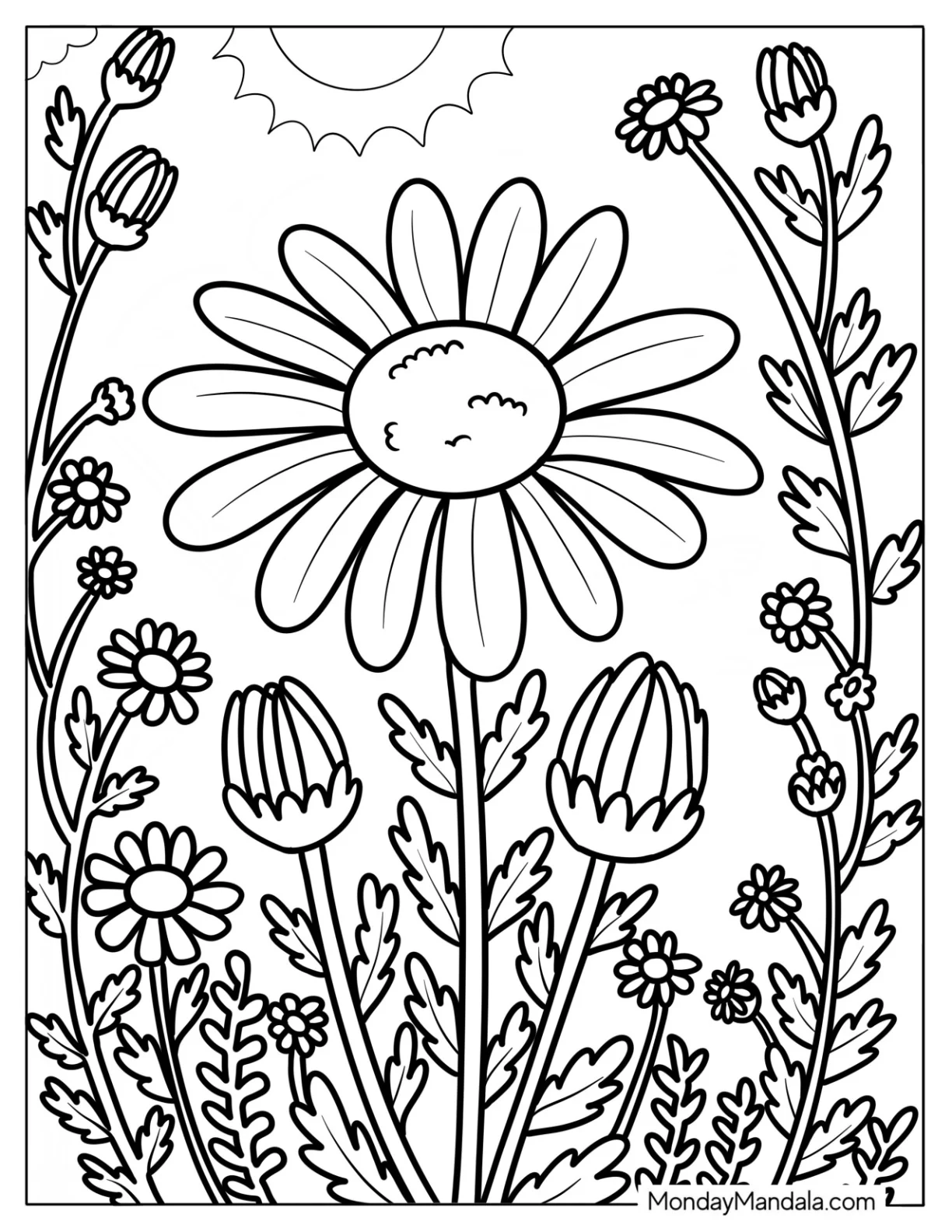 Blooming Garden with Big Central Daisy Coloring Page and Sunny Sky coloring page