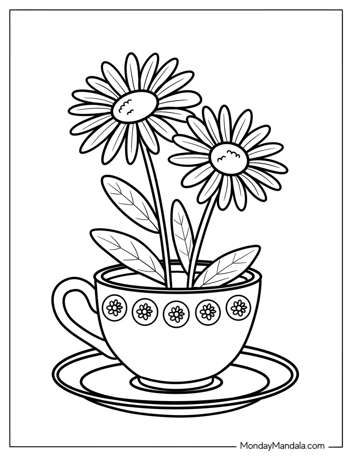 Charming Teacup Holding Twin Daisy Coloring Page with Leaves coloring page