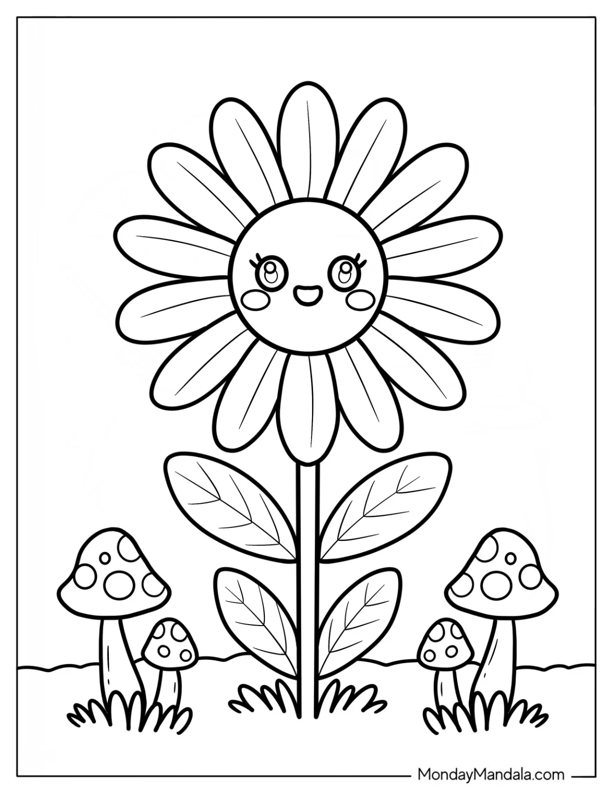 Cheerful Cartoon Daisy Coloring Page Growing Among Mushrooms for Kids coloring page