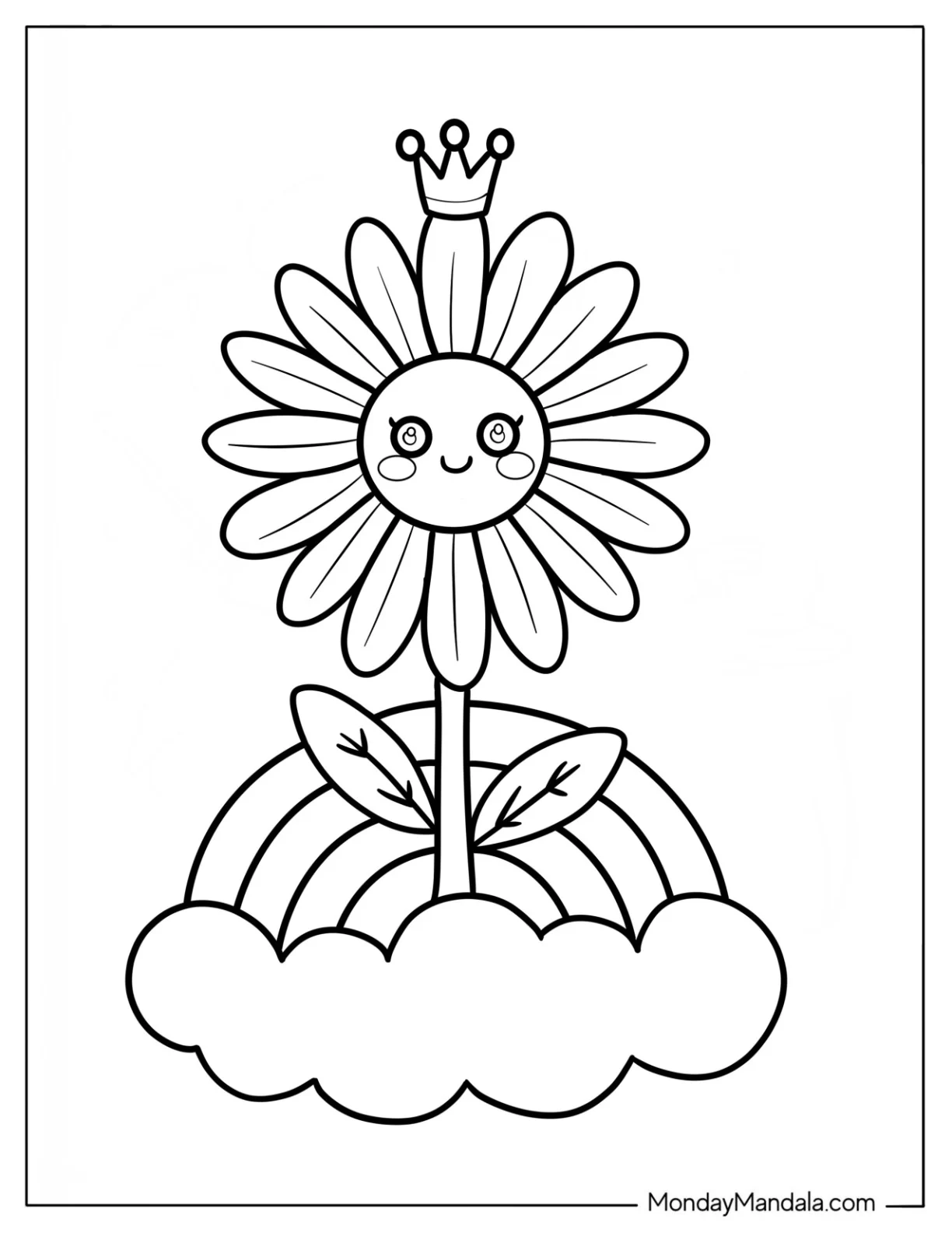 Crowned Daisy Coloring Page Standing on Rainbow and Cloud for Preschoolers coloring page