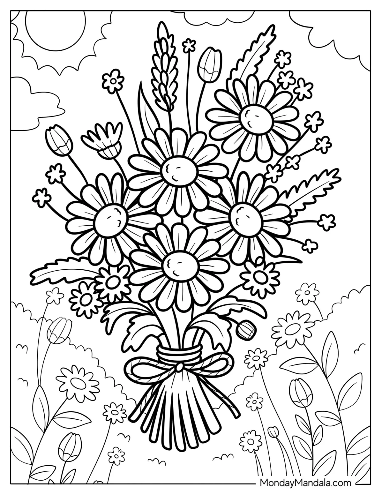 Daisy Coloring Page of Bouquet Tied with Ribbon in Sunny Meadow coloring page