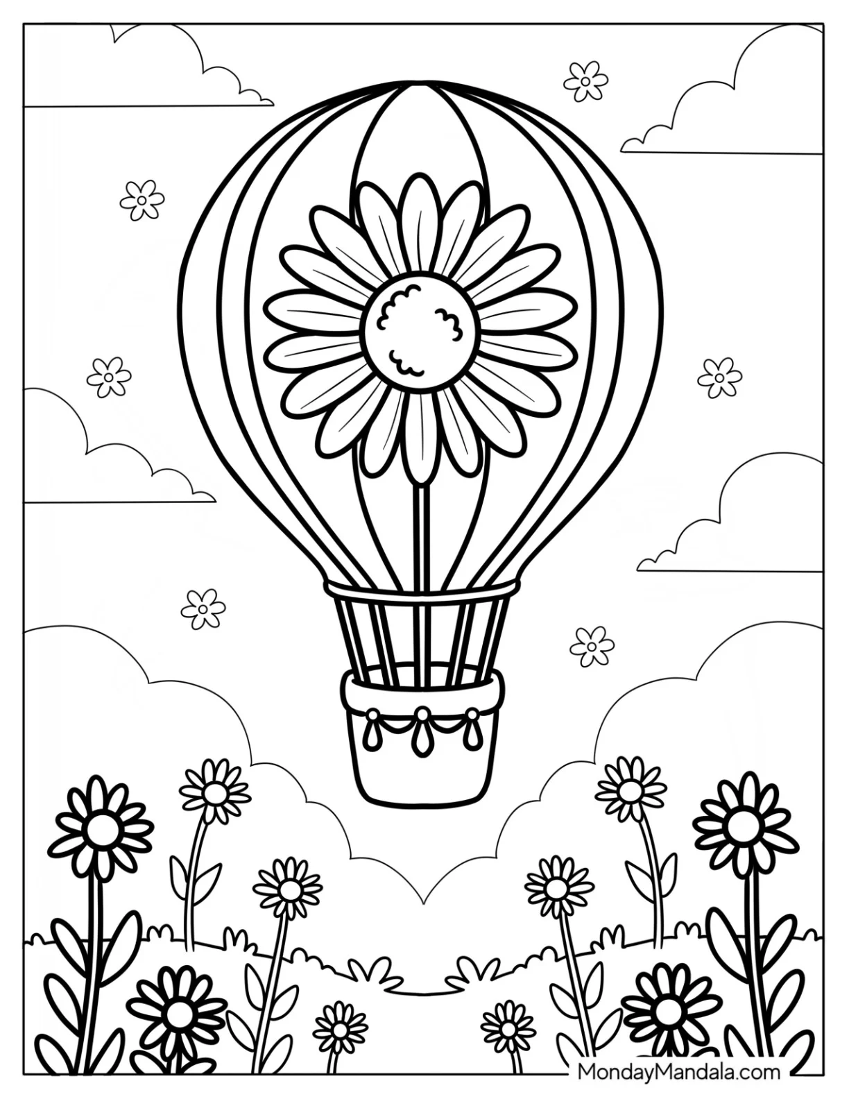 Daisy Coloring Page of Hot Air Balloon Floating Above Flower Field for Kids coloring page