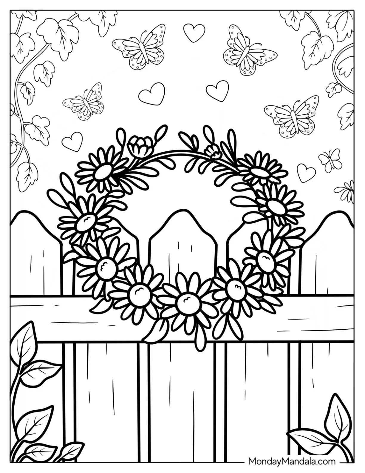 Daisy Coloring Page of Wreath on Wooden Fence with Butterflies coloring page