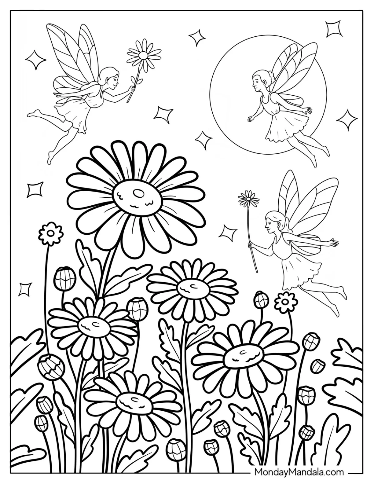Enchanted Garden of Daisy Coloring Page with Winged Fairies at Night coloring page