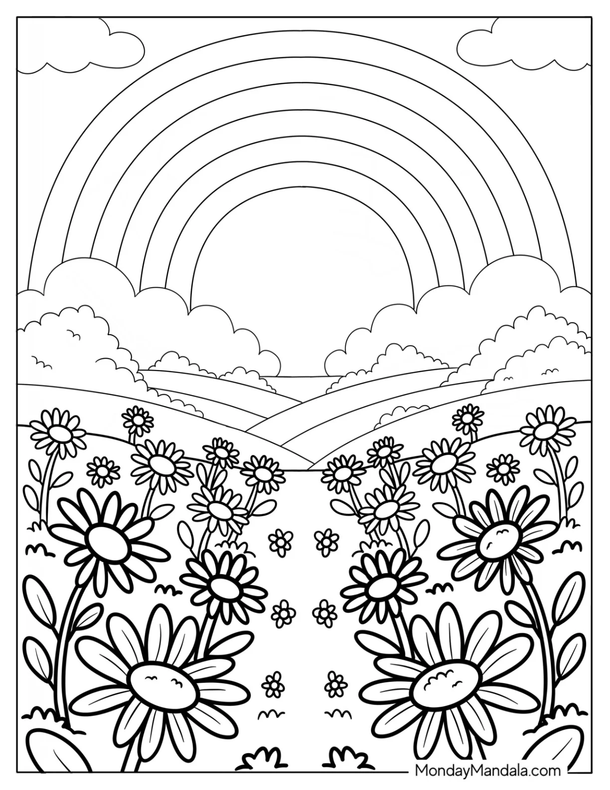 Field of Pretty Daisy Coloring Page Beneath Clouds and Rainbow coloring page