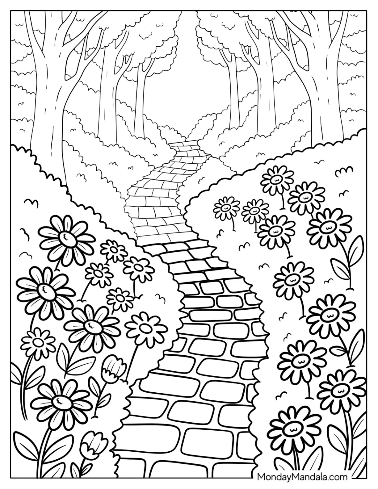Forest Path Lined with Daisy Coloring Page and Trees coloring page