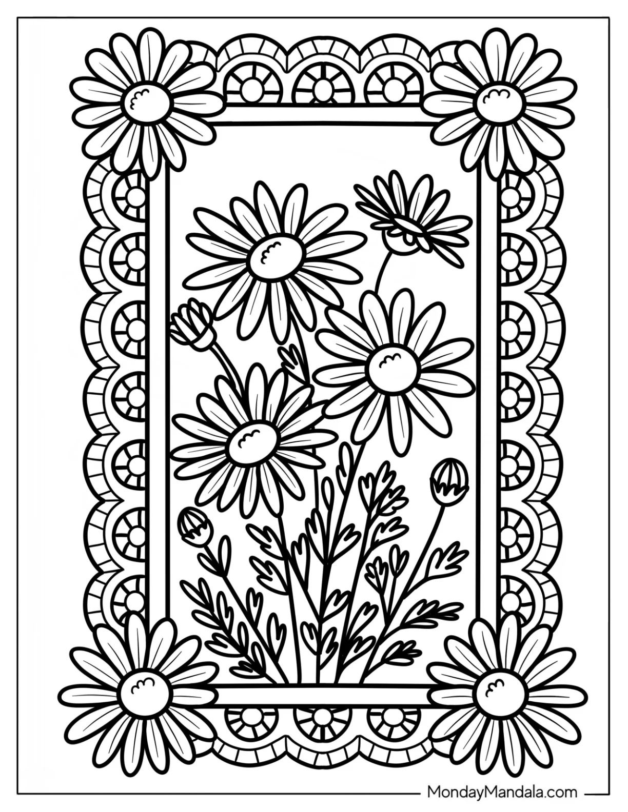 Framed Daisy Coloring Page Bouquet with Decorative Border coloring page