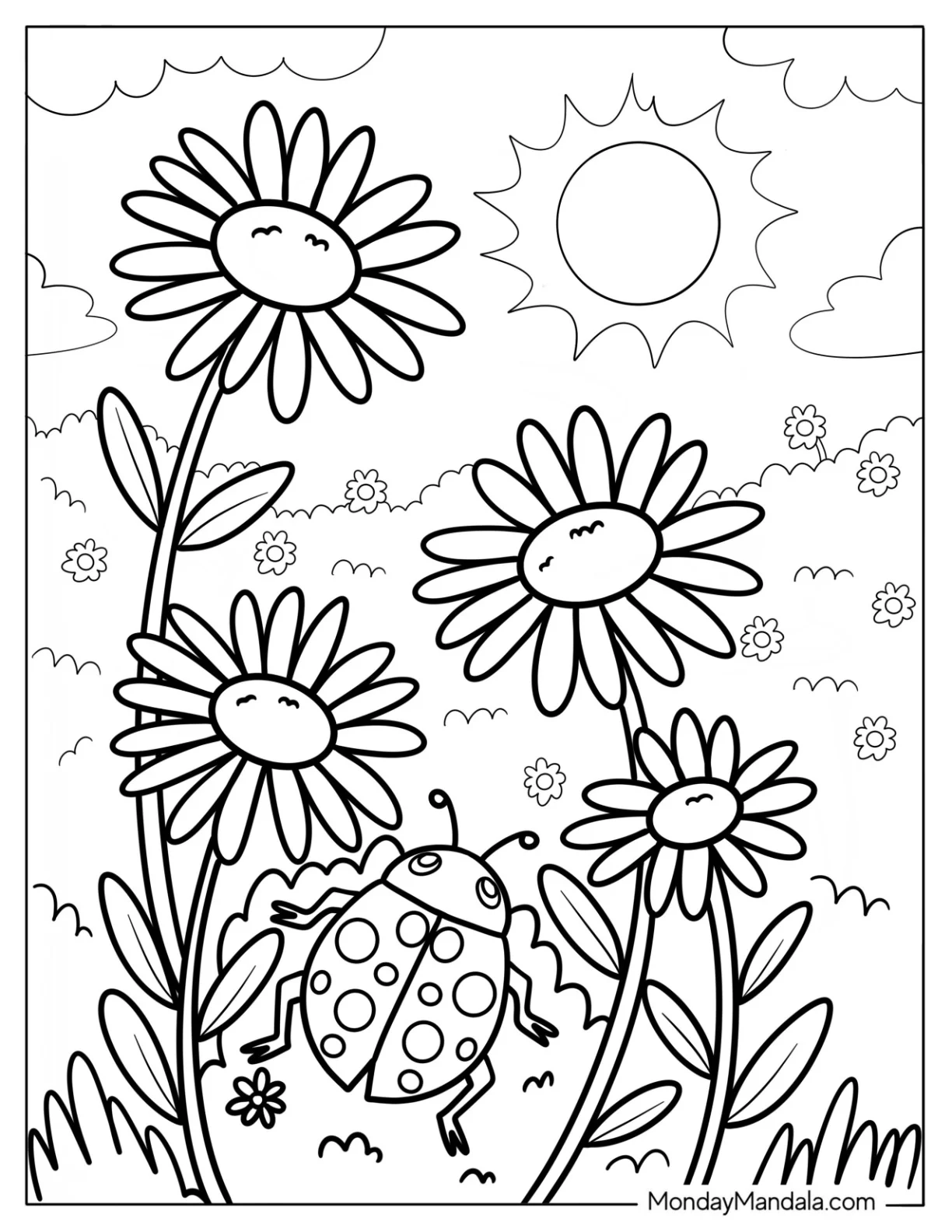 Ladybug Exploring Garden of Daisy Coloring Page in Sunshine coloring page