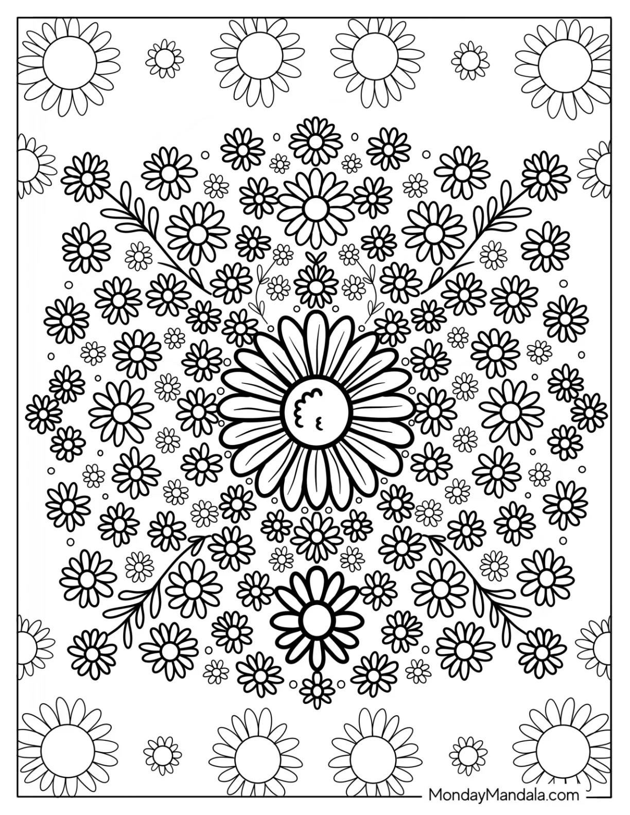 Layered Field of Daisy Coloring Page in Decorative Pattern coloring page