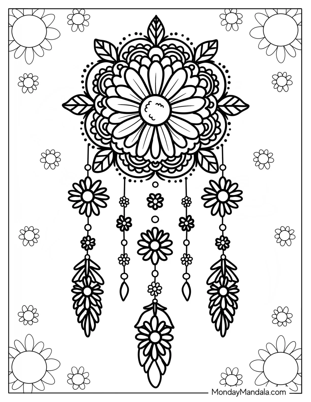 Mandala Daisy Coloring Page Dreamcatcher with Hanging Feathers coloring page