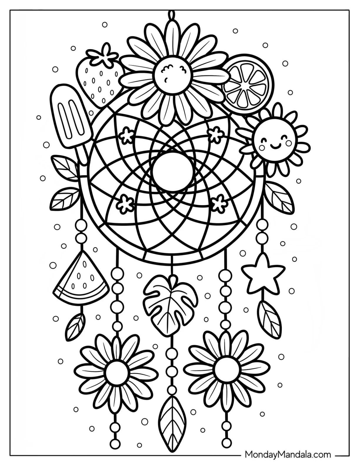 Playful Daisy Coloring Page Dreamcatcher with Fruits and Stars for Kids coloring page