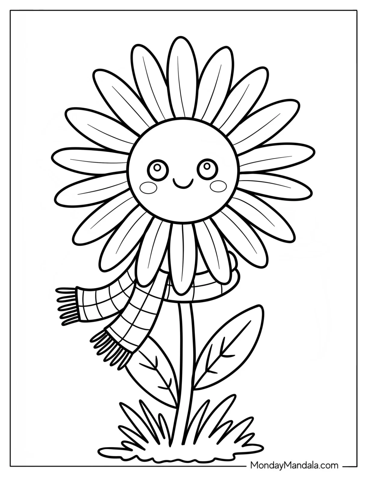 Pretty Daisy Coloring Page in a Cozy Checkered Scarf for Preschoolers coloring page