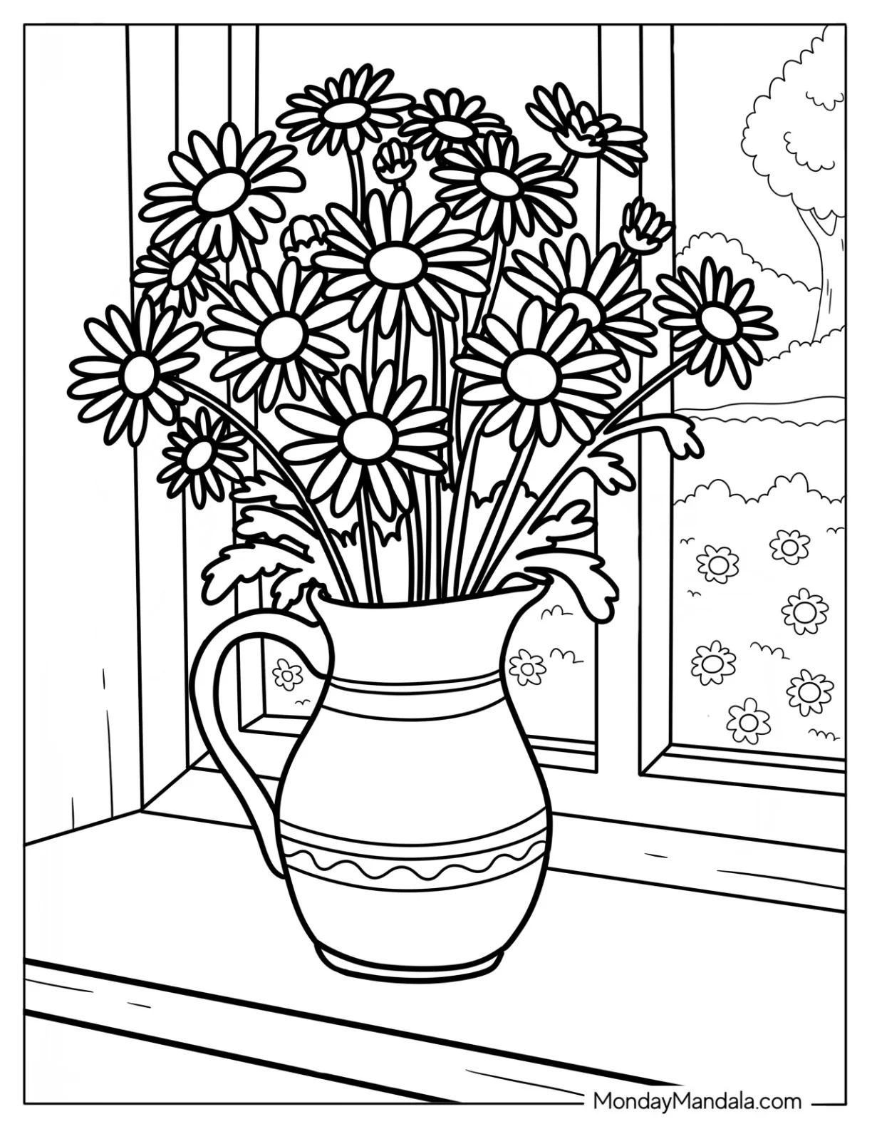 Rustic Pitcher Holding Fresh Daisy Coloring Page by the Window coloring page
