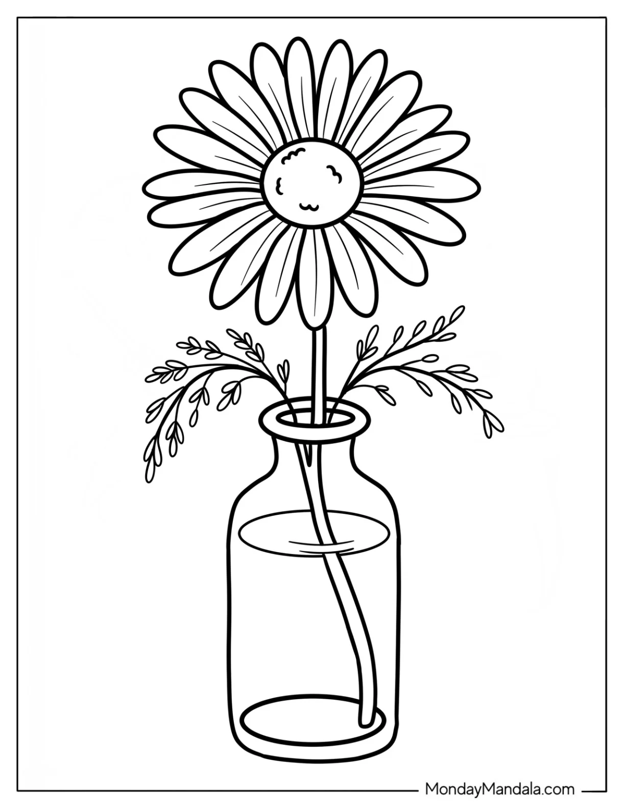 Single Daisy Coloring Page with Leaves in a Glass Jar for Kids coloring page