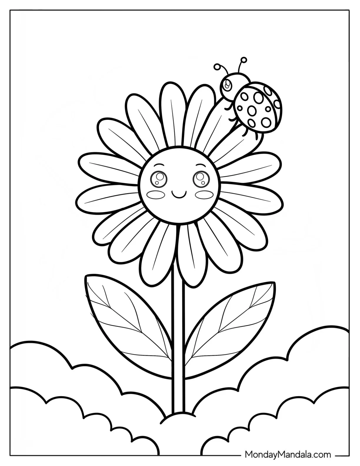 Smiling Daisy Coloring Page in the Clouds with Ladybug on Petal for Kids coloring page