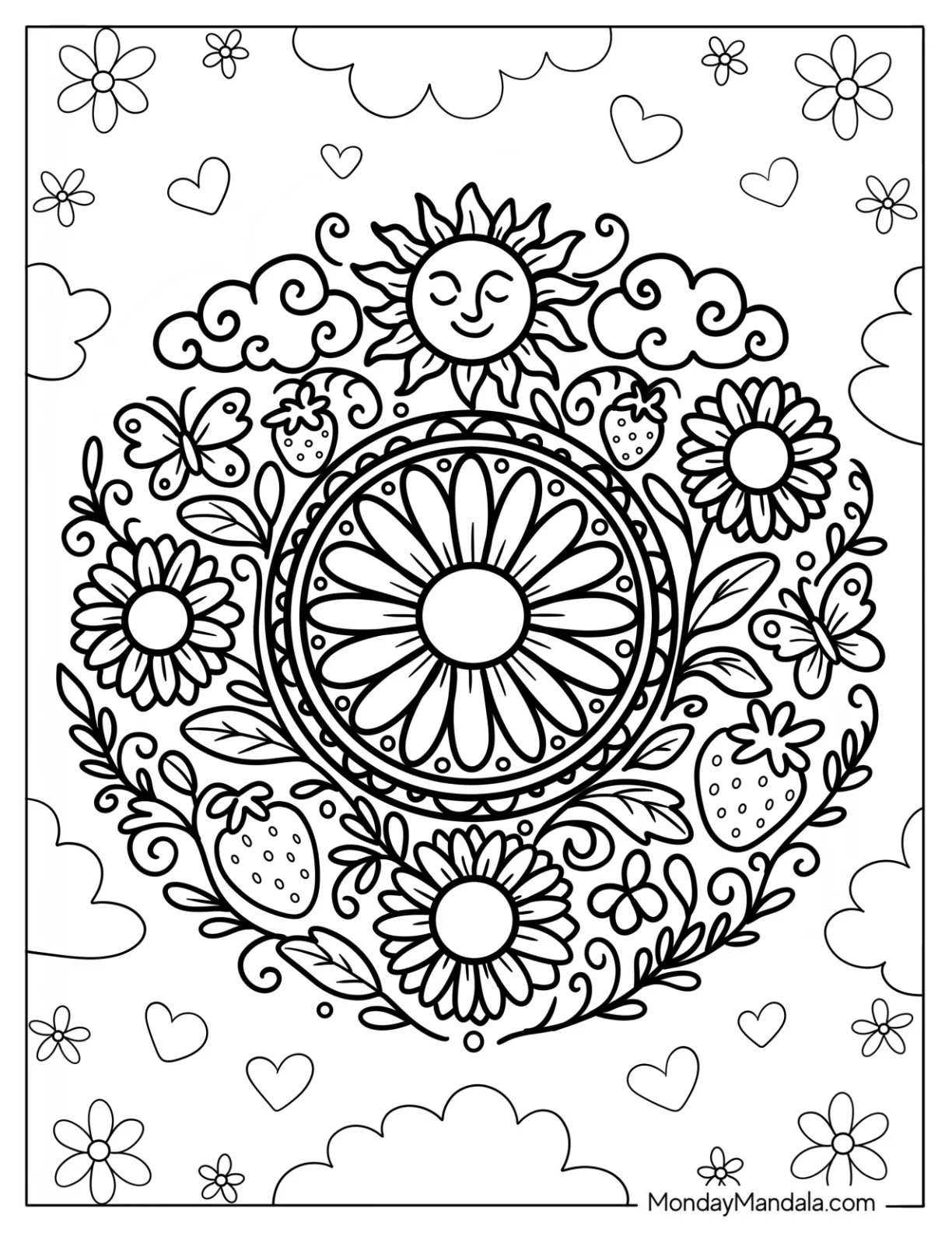 Strawberries and Butterflies Centered Around a Daisy Coloring Page Mandala coloring page