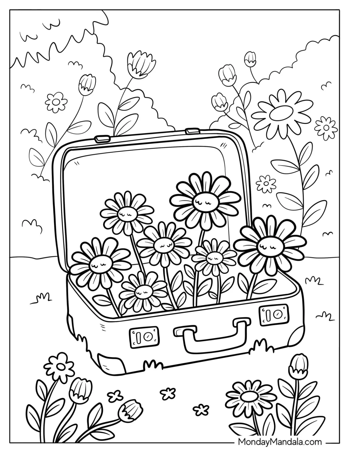 Suitcase Full of Daisy Coloring Page in a Meadow coloring page