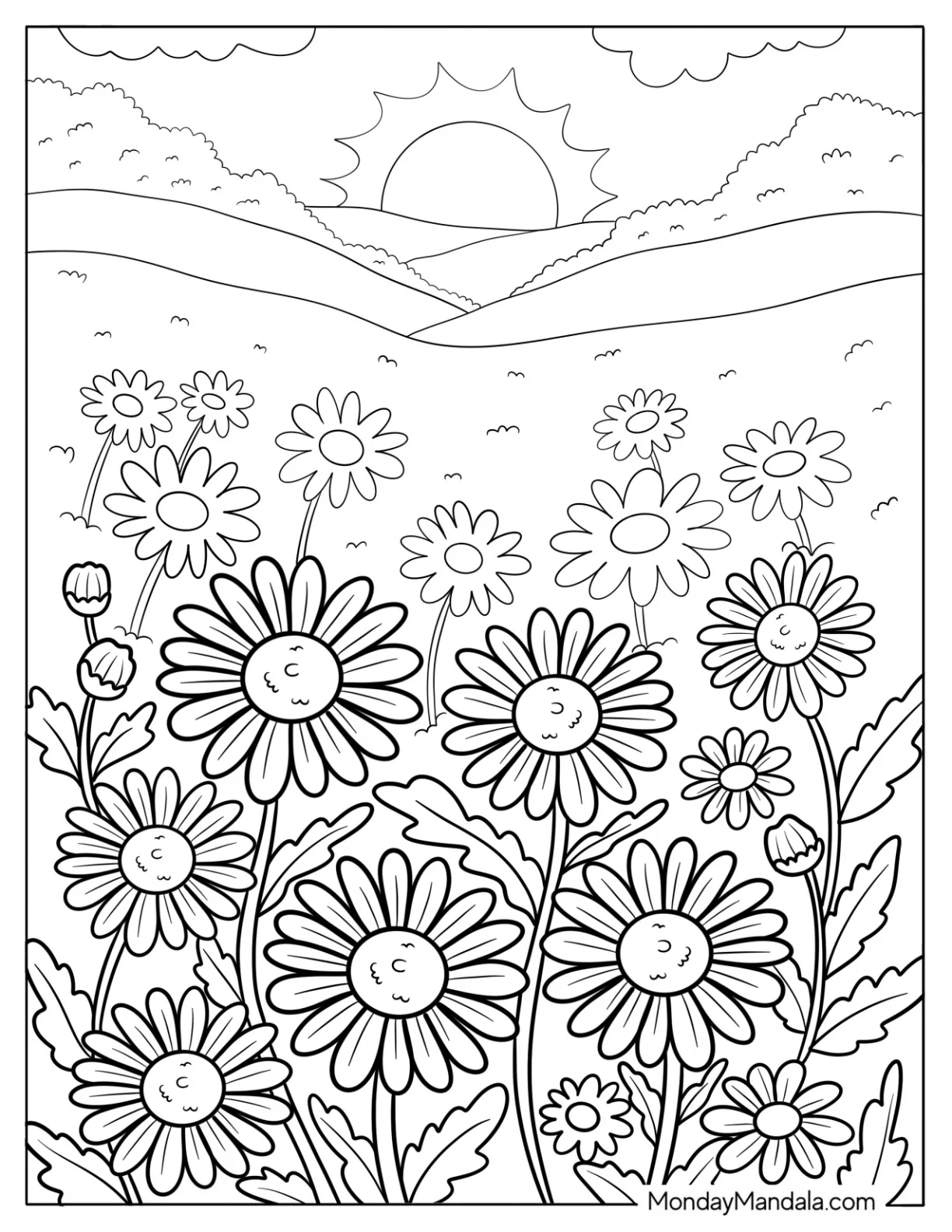 Sunrise Over Lovely Daisy Coloring Page Field coloring page