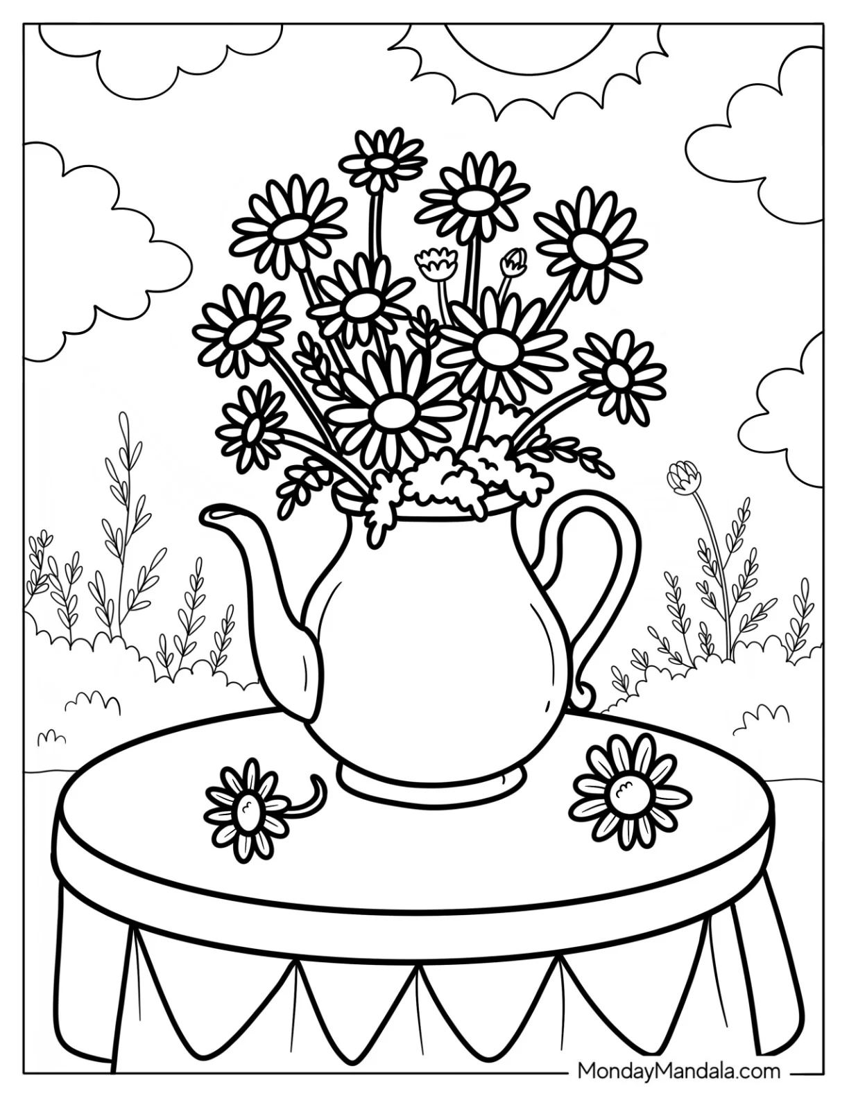 Teapot Vase Filled with Daisy Coloring Page on Garden Table coloring page