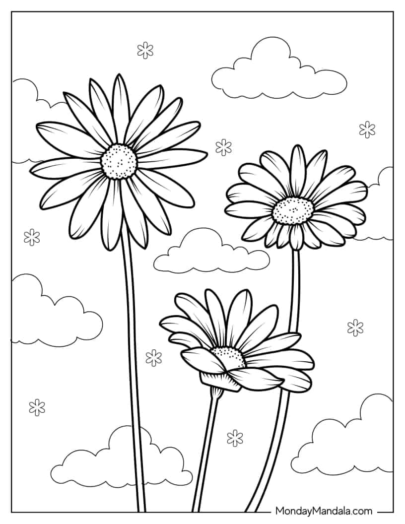 Three Cute Daisy Flowers In The Clouds coloring page