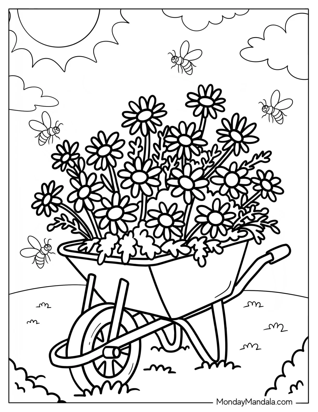 Wheelbarrow Full of Daisy Coloring Page in Bloom with Bees coloring page