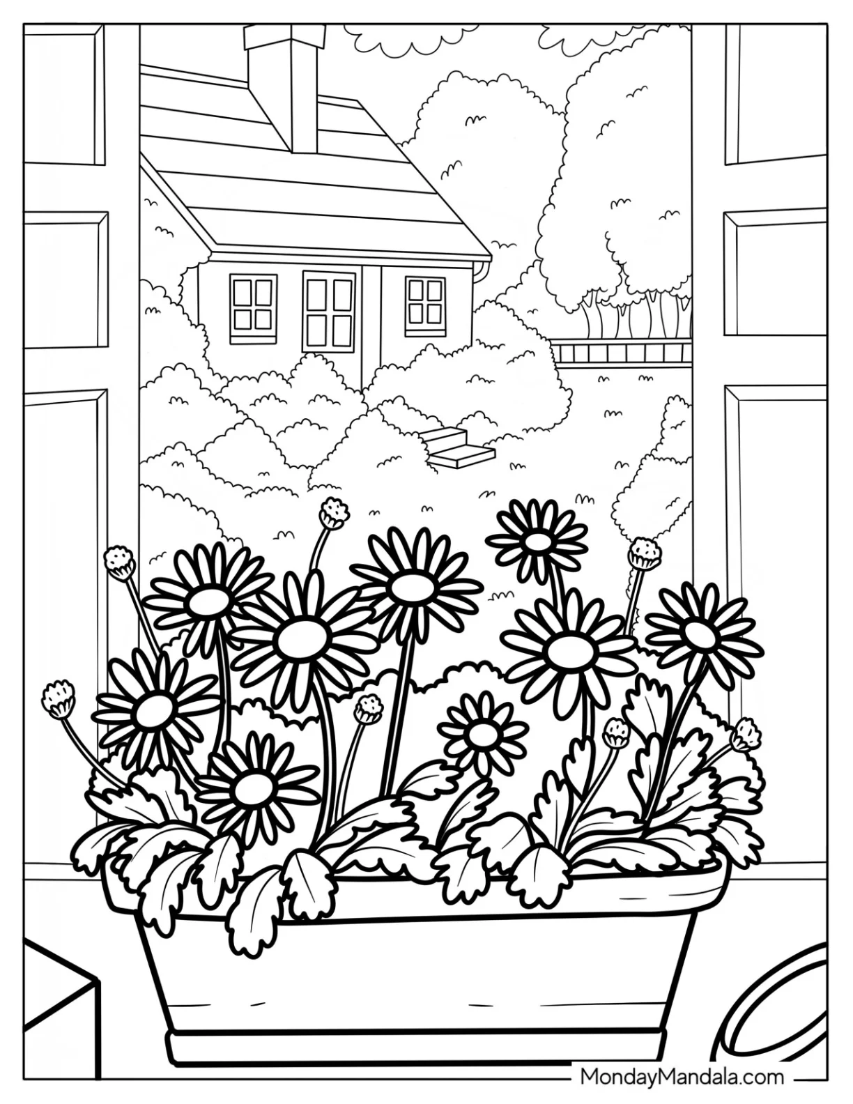 Windowsill Planter Full of Daisy Coloring Page with Cottage View coloring page