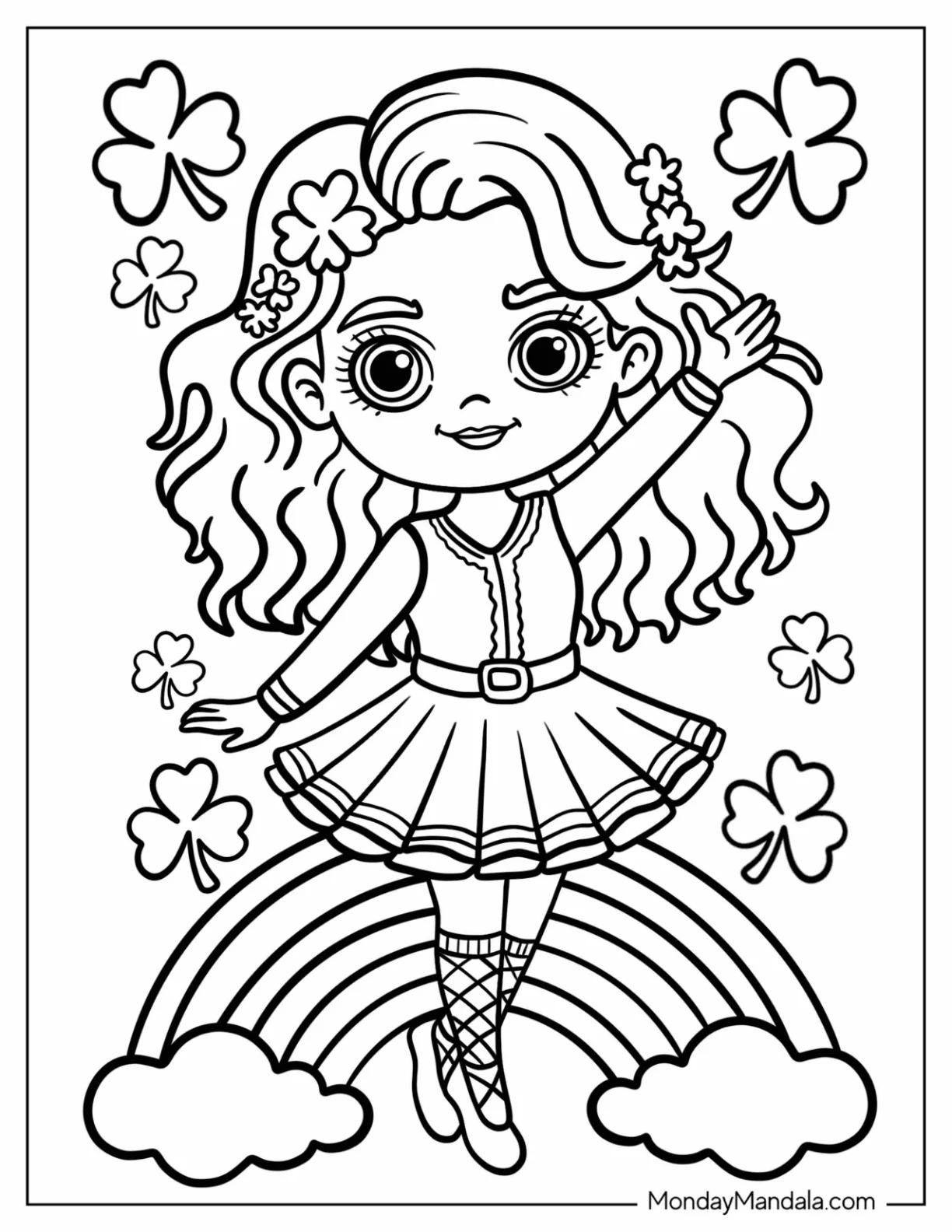 Adorable Irish Dancer Performing in Celtic Dress Surrounded by Lucky Clovers Dancing Coloring Page for Kids coloring page