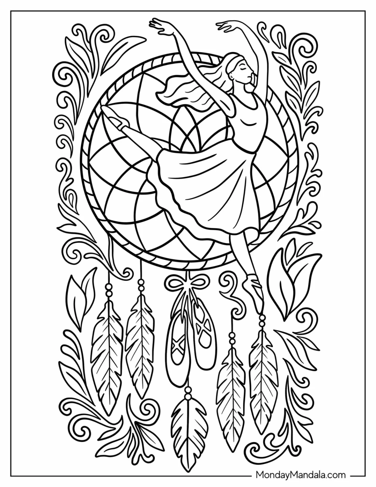 Ballet Dancer Leaping in Front of an Intricate Dreamcatcher Dancing Coloring Page coloring page — printable line art