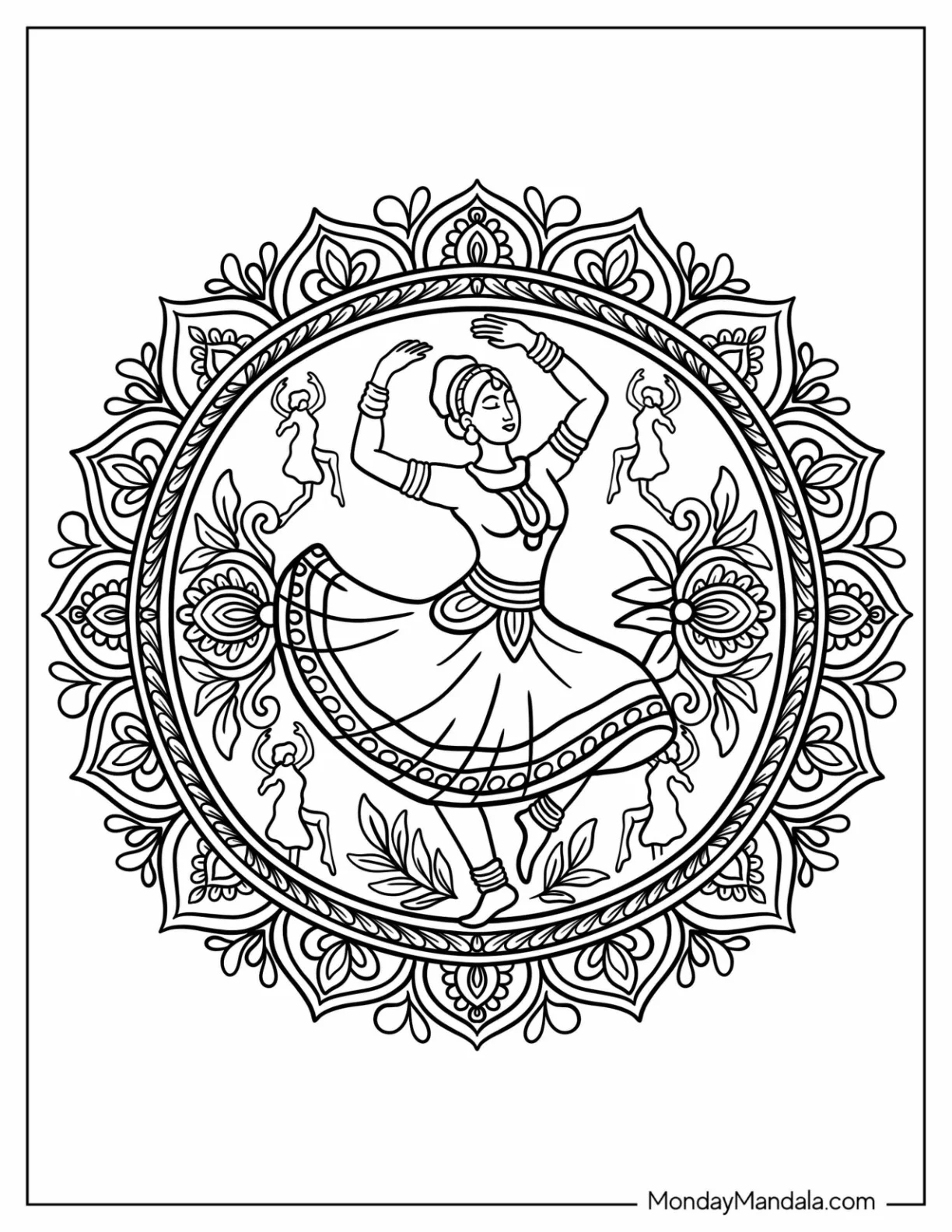 Bharatanatyam Dancer in Traditional Pose Surrounded by Decorative Mandala Dancing Coloring Page coloring page — printable line art