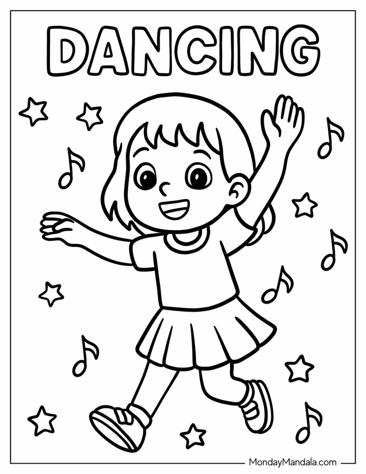 Cheerful Girl Dancing Coloring Page with One Arm Raised Surrounded by Stars and Music Notes for Kids coloring page