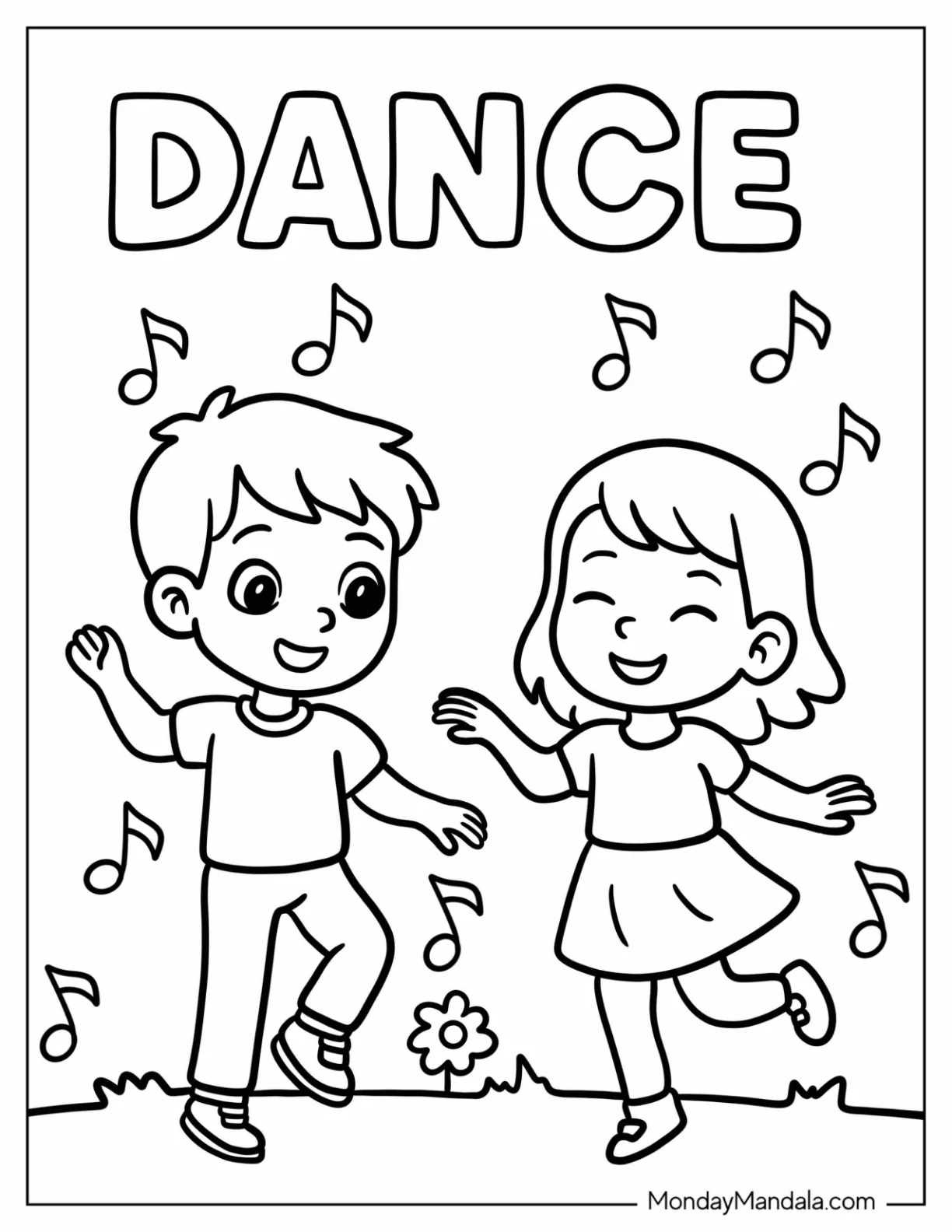 Cute Kids Dancing Coloring Page Together Outdoors with Musical Notes in the Background for Preschoolers coloring page