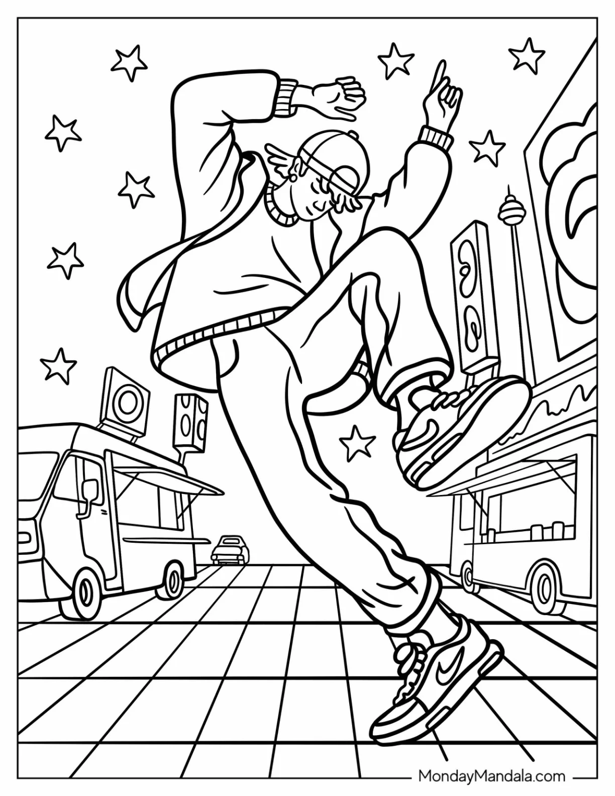 Dancing Coloring Page of Energetic Hip Hop Dancer in Oversized Hoodie and Sneakers Grooving in the City coloring page