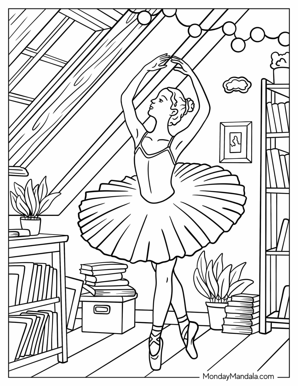 Dancing Coloring Page of Graceful Ballet Dancer Practicing Pirouette in a Cozy Attic Studio coloring page — printable line art
