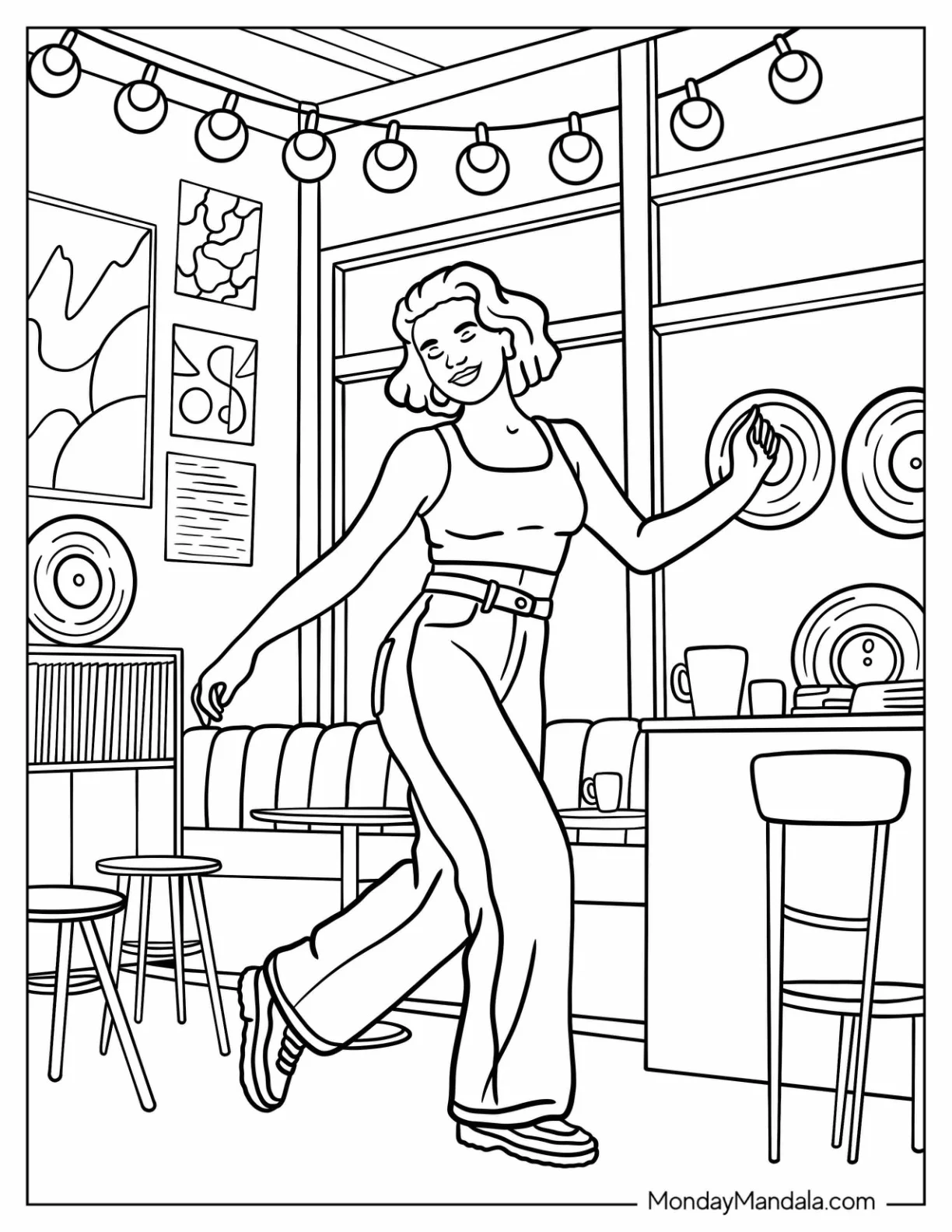 Dancing Coloring Page of Happy Freestyle Dancer Moving to the Beat Inside a Stylish Café with Retro Décor coloring page