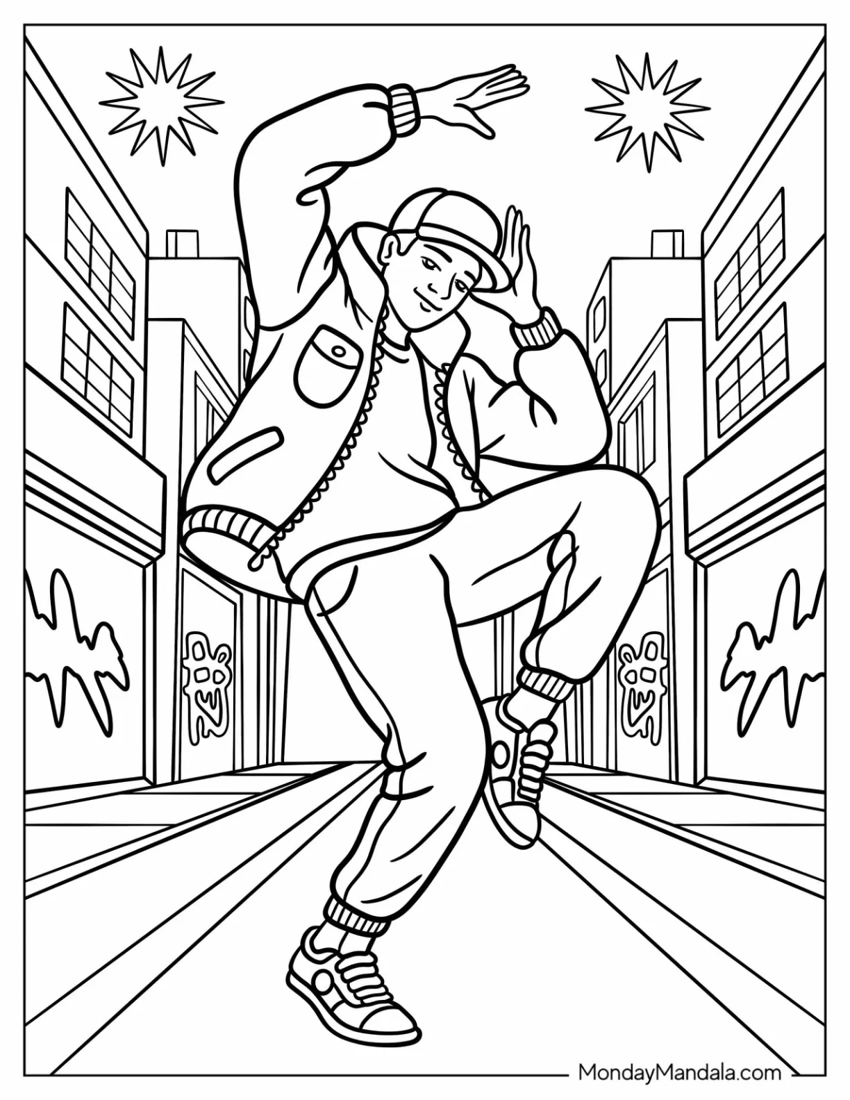 Dancing Coloring Page of Hip Hop Street Dancer Performing Stylish Moves Between Urban Buildings coloring page — printable line art