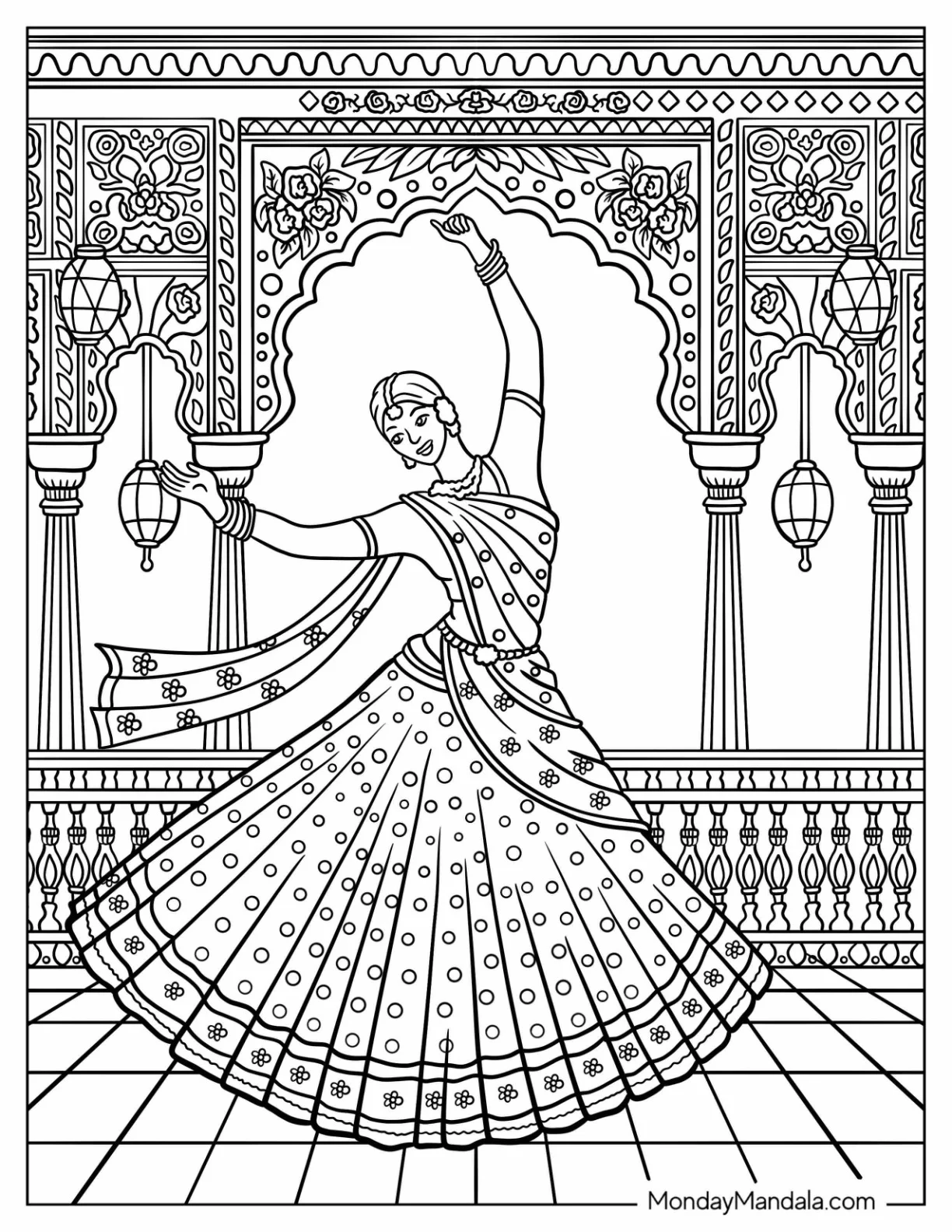 Dancing Coloring Page of Indian Classical Dancer Performing a Graceful Bharatanatyam Pose coloring page — printable line art