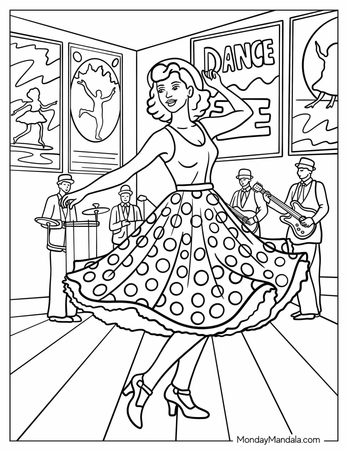 Dancing Coloring Page of Swing Dancer in a Polka Dot Dress Twirling on a Retro Dance Floor with Musicians coloring page — printable line art