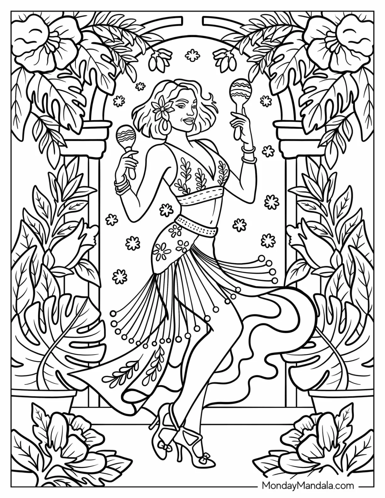 Detailed Salsa Dancer Performing with Maracas in a Tropical Courtyard Dancing Coloring Page coloring page