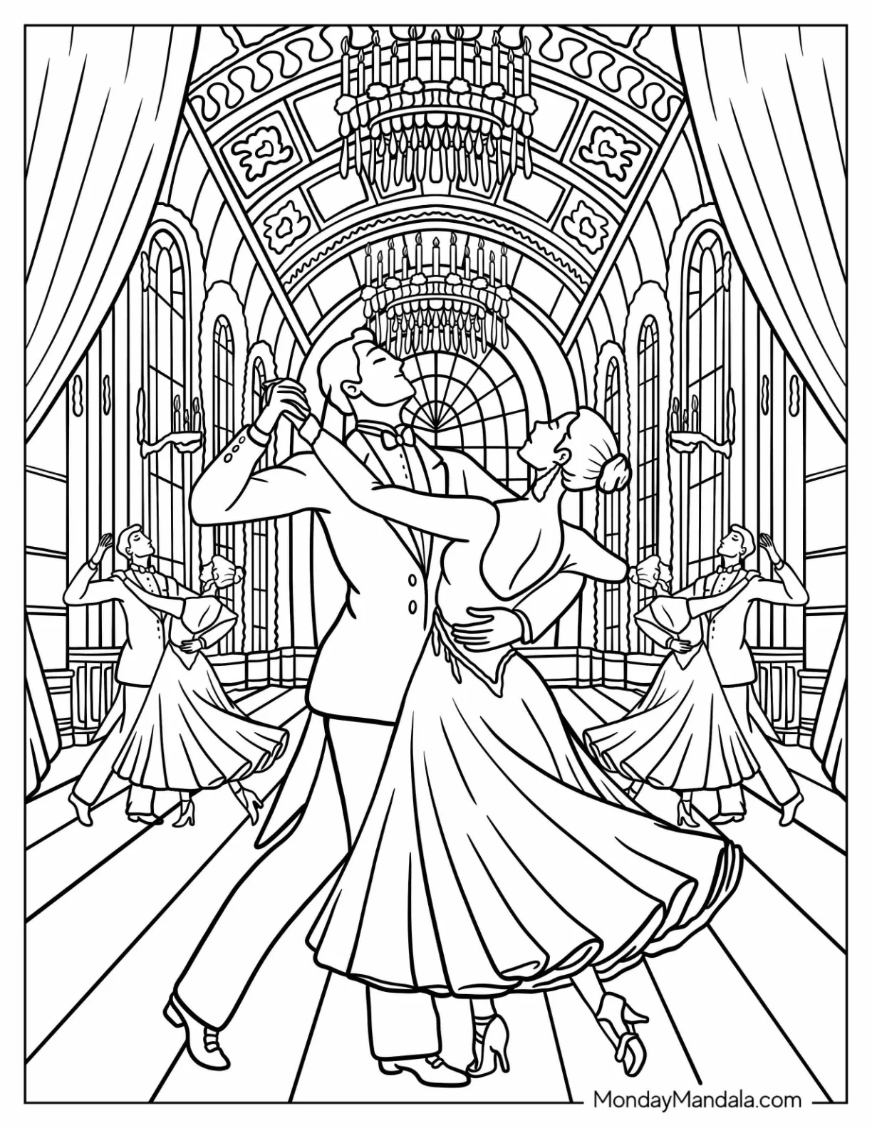 Elegant Couple Waltzing Gracefully in a Grand Ballroom Dancing Coloring Page coloring page — printable line art