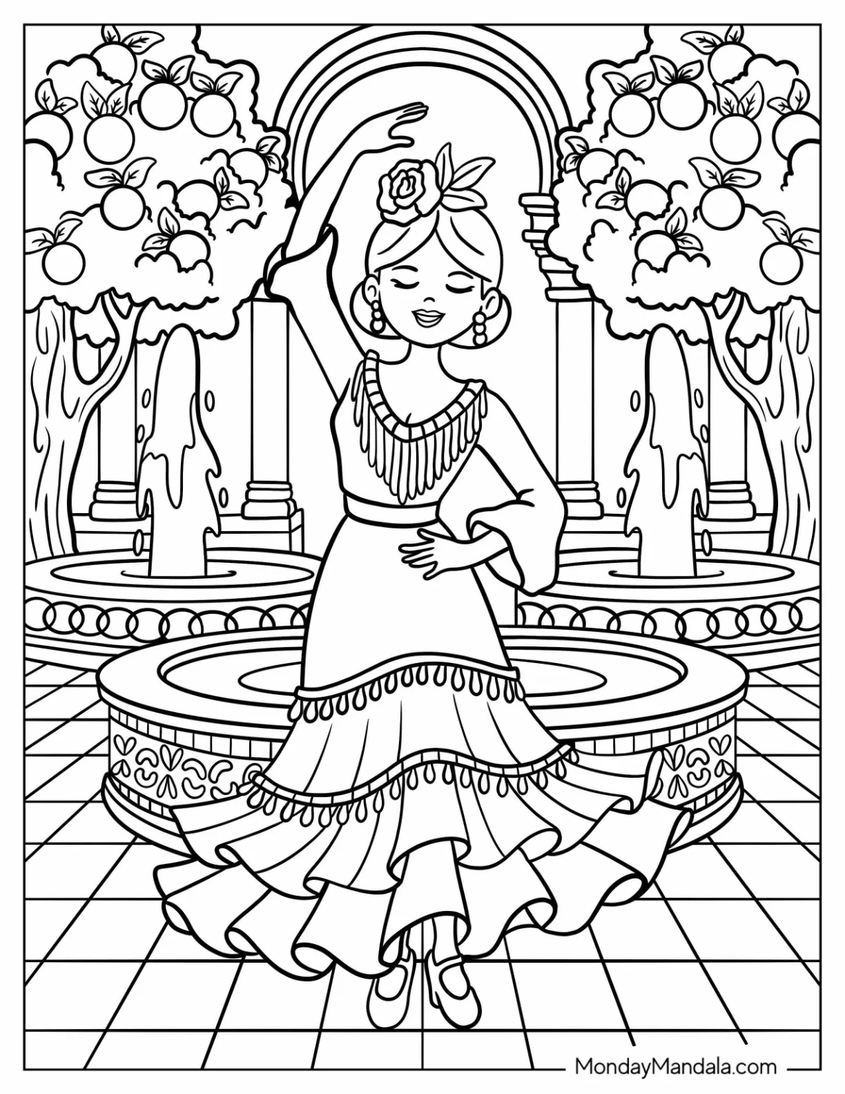 Flamenco Dancer Performing in a Sunny Plaza with Fountains Dancing Coloring Page for Kids coloring page
