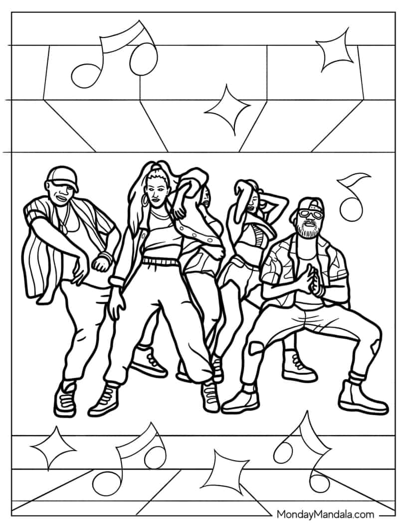 Hip Hop Group Locking and Popping coloring page — printable line art