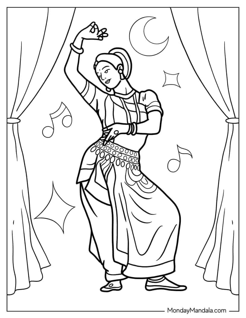 Indian Woman Performing Odissi Dance coloring page — printable line art