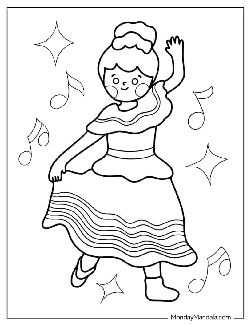 Kawaii Girl Dancing Coloring Page for Kids coloring page — printable line art