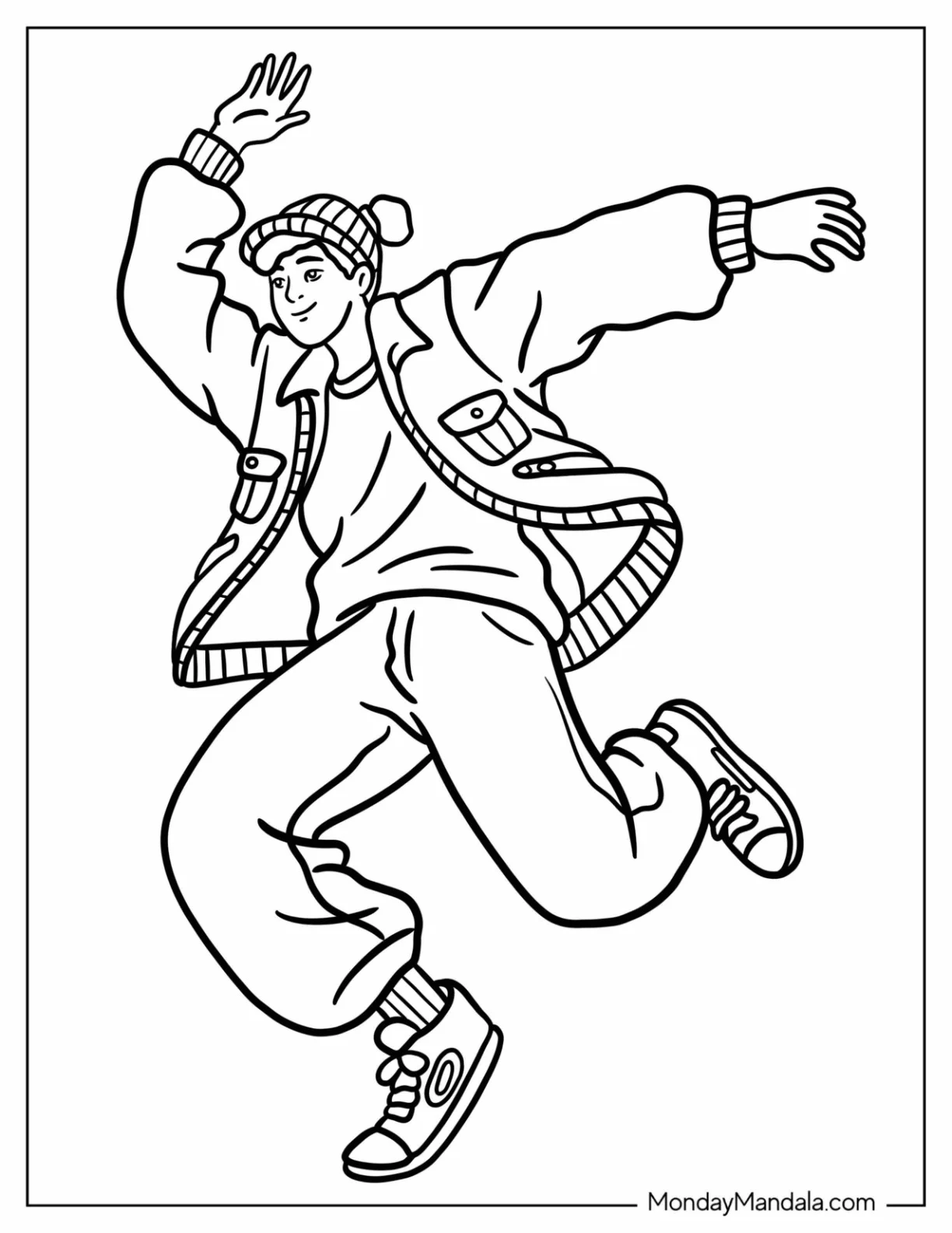 Lively Breakdancer Launching into a Dynamic Pose Dancing Coloring Page for Kids coloring page — printable line art