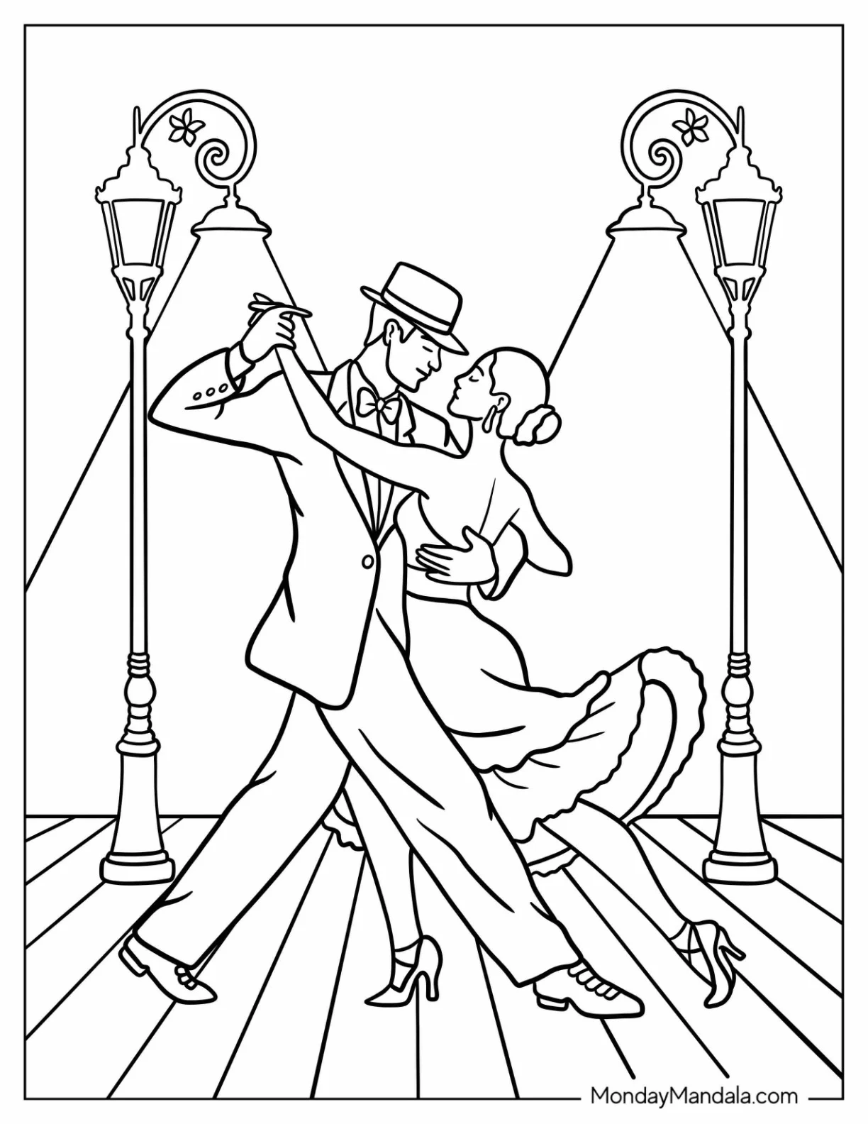 Tango Dancers Performing Under Streetlamps on a Cobblestone Street Dancing Coloring Page coloring page — printable line art