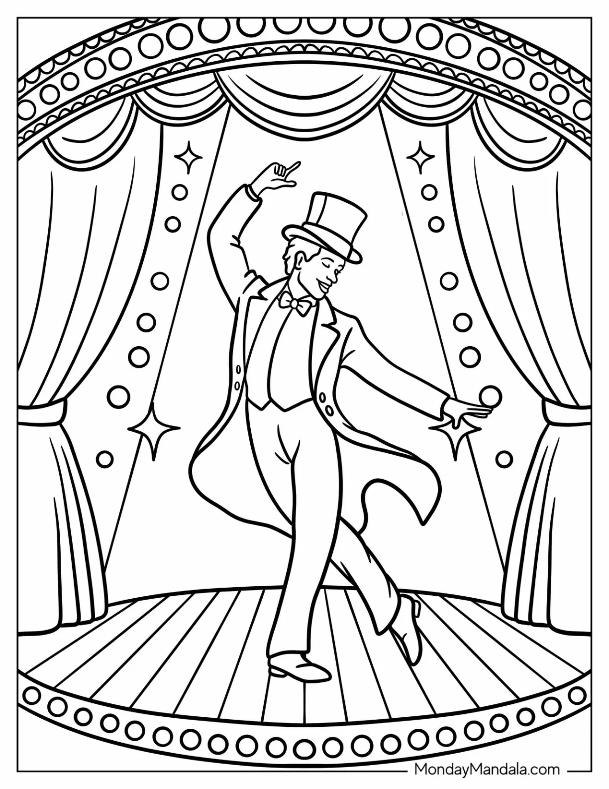 Tap Dancer in Top Hat Performing Under the Stage Lights Dancing Coloring Page for Kids coloring page